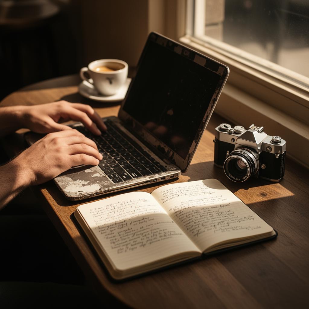 Hände am Laptop mit Notizbuch und Kamera