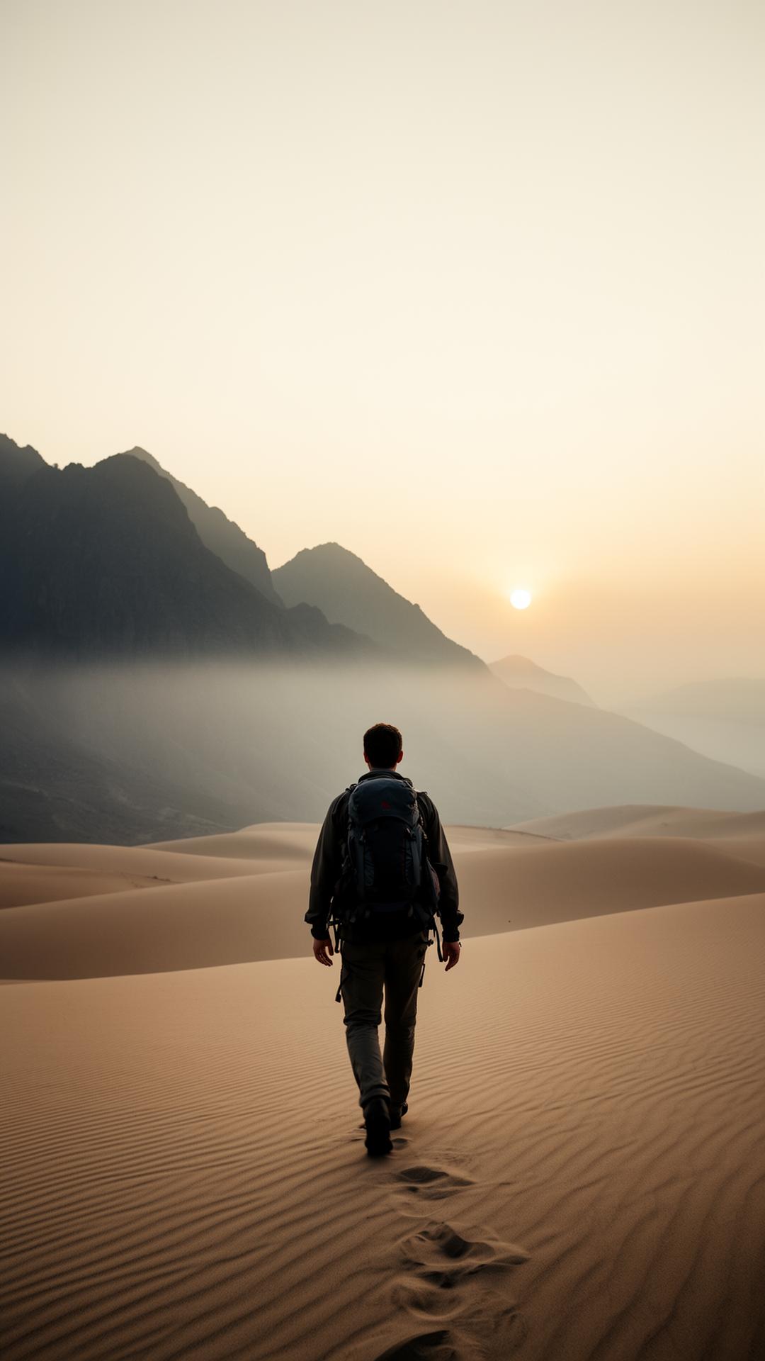 Reisender in einer weiten Landschaft bei Sonnenaufgang